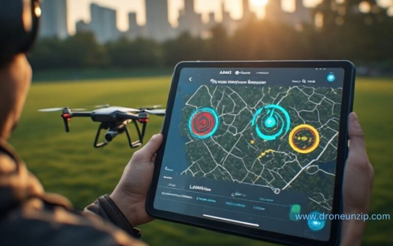 How to Check Drone Airspace Zones in India Before Flying A high-resolution photo from a slightly elevated side angle showing a drone pilot holding a modern smartphone tablet displaying a clean, UI-rich drone airspace map interface. The screen shows a 3-step visual workflow overlay: Step 1: Open Location with a pulsing blue GPS point; Step 2: Check Zones showing color-coded restricted red rings and yellow advisory airspace shapes over a satellite map; Step 3: LAANC Authorization showing a green "Clear to Fly" status badge. The pilot is standing in an open grassy park near a scenic city skyline at soft morning golden hour light. The drone sits safely on a landing pad next to him. Photorealistic, 8k resolution, crisp screen detail, natural depth of field, shallow focus, shot on 35mm lens, f/2.8 aperture, professional tech photography style.