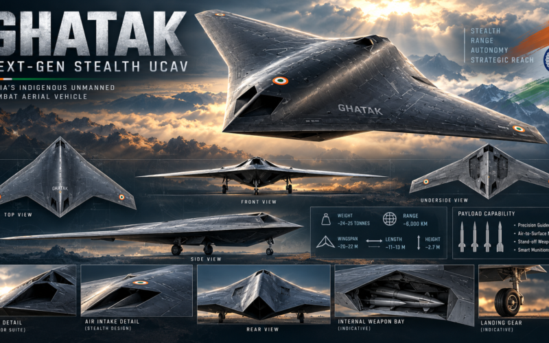 Ghatak UCAV: India's Stealth Combat Drone, Engine, Range and Development Conceptual illustration of India's Ghatak stealth UCAV in flight.