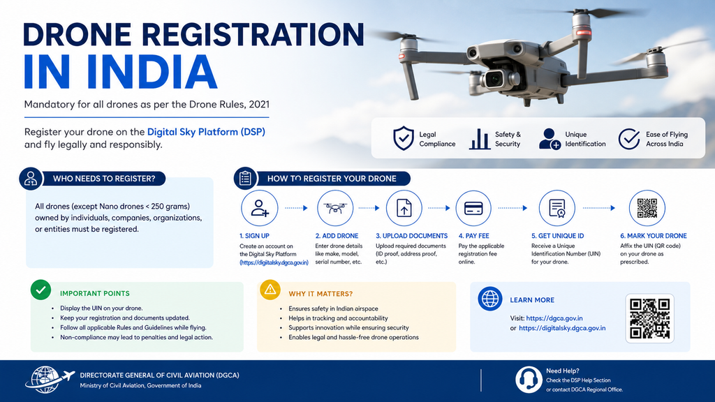 Drone Registration in India (2026): eGCA, UIN, Fees and Rules Explained drone registration in India • Drone Registration in India (2026): eGCA, UIN, Fees and Rules Explained