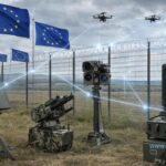 Illustrative anti-drone defence system with radar sensors and interceptor drone near a forested border