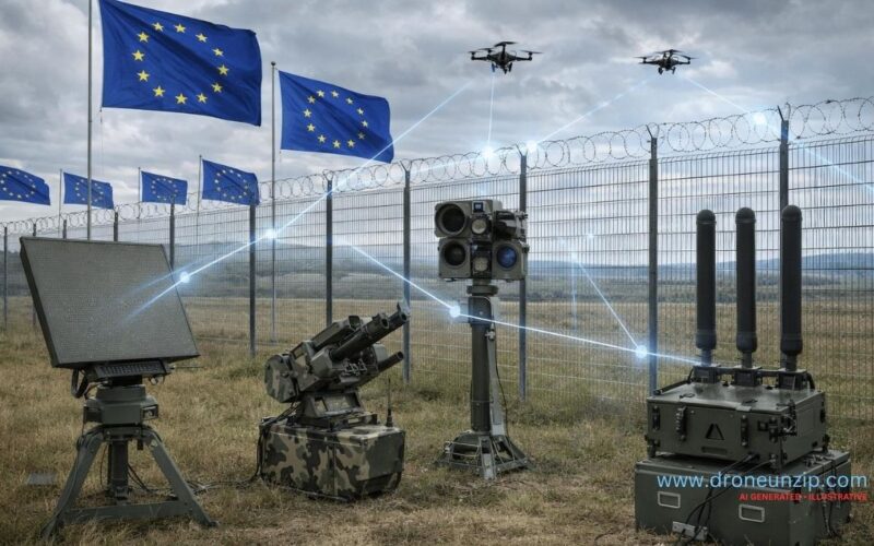 Latvia Is Building Automated Anti-Drone Defences Along Its Russian Border Illustrative anti-drone defence system with radar sensors and interceptor drone near a forested border