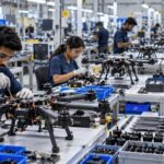 Technicians assembling unmanned aerial vehicles on a drone manufacturing production line in India