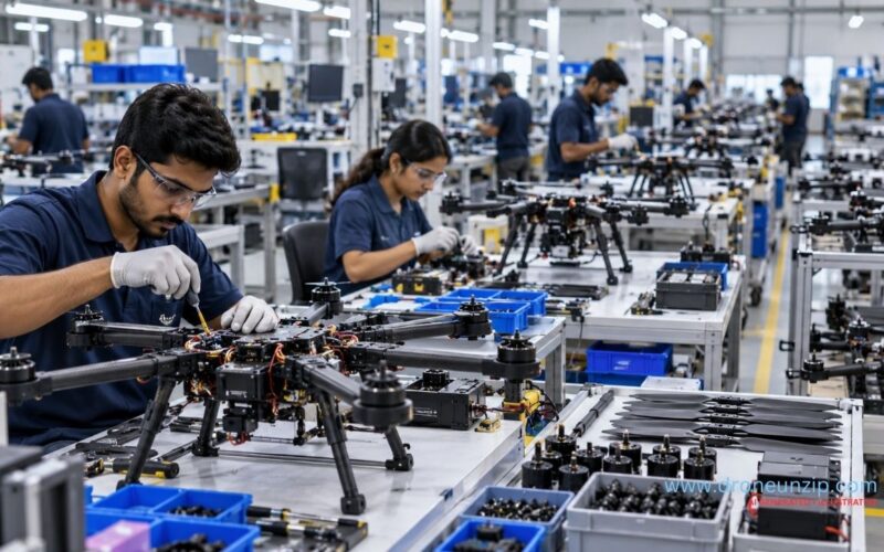 Indian Drone Manufacturing Scales Up, From Small Batches Towards Mass Production Technicians assembling unmanned aerial vehicles on a drone manufacturing production line in India